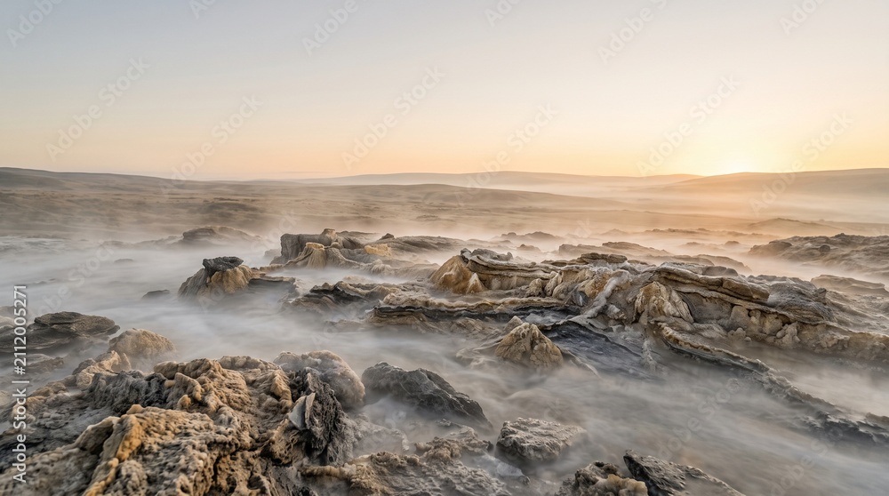 Fototapeta premium ​Abstract landscape of mineral formations and steaming thermal springs at sunrise with a misty horizon 