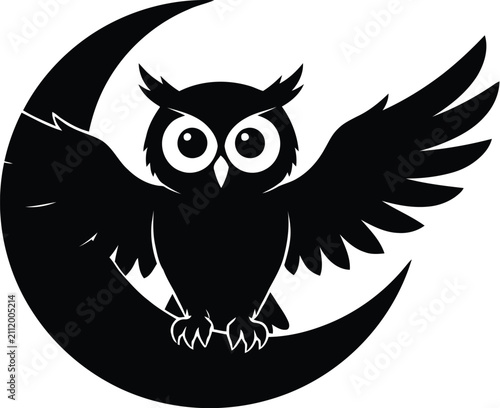 Black silhouette owl flying with spread wings