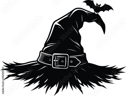Black witch hat vector illustration with buckle and flying bat for Halloween design