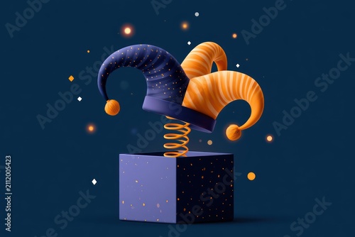 Jack-in-the-box jester hat popping out for April Fools