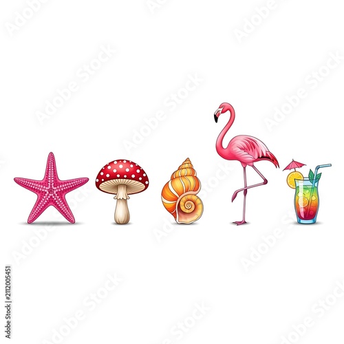Colorful toy set with flamingo, mushroom, snail, starfish and umbrella