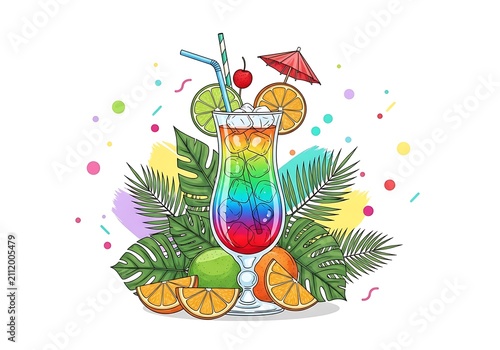 Colorful tropical drink with fruits and umbrella in glass