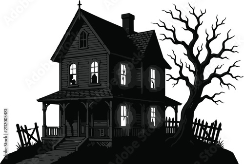Spooky haunted house with bare dead tree and broken fence for Halloween vector illustration