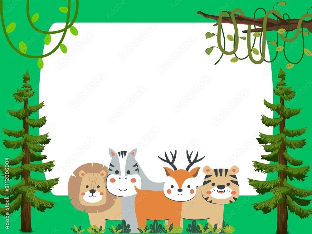 Naklejka premium Jungle animals with pine trees and green forest foliage