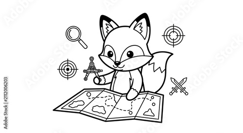 Cute Cartoon Fox Explorer Coloring Page for Kids