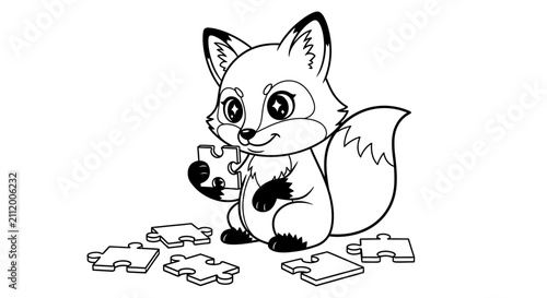 Cute Cartoon Fox Playing with Jigsaw Puzzle Pieces Coloring Page