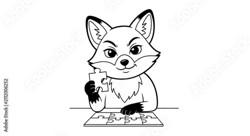 Cute Cartoon Fox Solving Jigsaw Puzzle Coloring Page