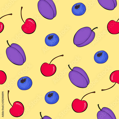 Cute Hand Drawn Fresh Fruits Seamless Pattern on Yellow Background – Colorful Dessert Illustration for Wrapping Paper, Fabric and Textile Design