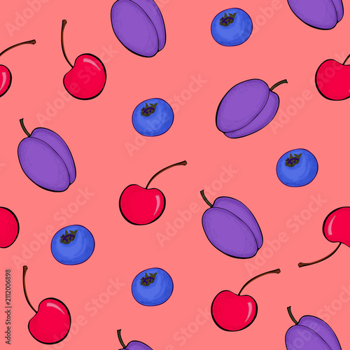Cute Hand Drawn Fresh Fruits Seamless Pattern on Red Background – Colorful Dessert Illustration for Wrapping Paper, Fabric and Textile Design
