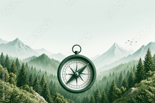 Compass in a mountain landscape with lush forests