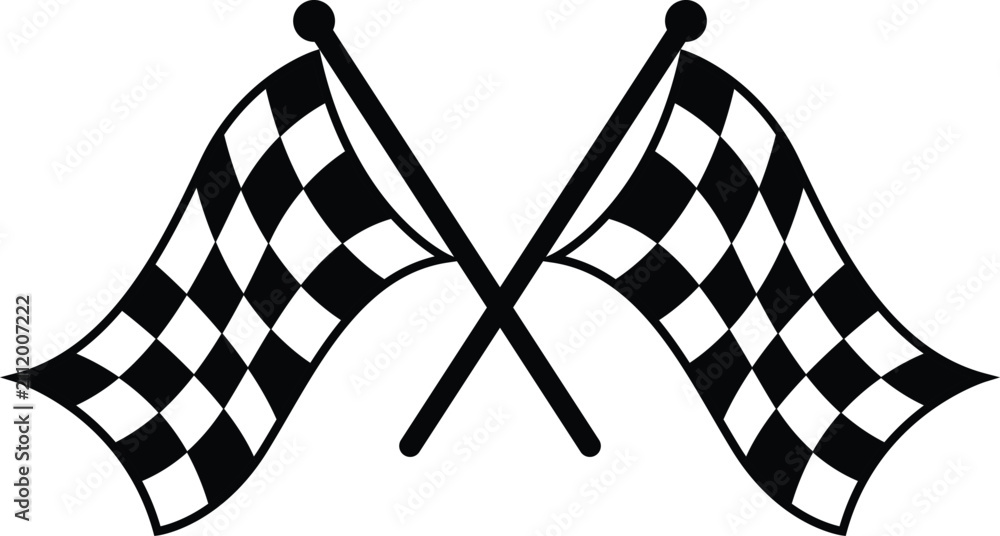 Obraz premium crossed checkered racing flags vector illustration, black and white finish line flag emblem for motorsport, speed championship, and auto racing events