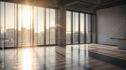 Empty modern office interior with large windows and sunset light streaming inside.