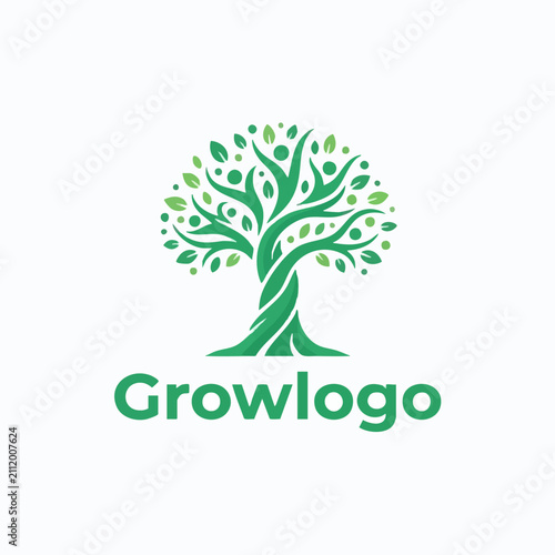 Green tree of life logo symbol with human figures in leaves concept environment community wellness connection abstract illustration corporate identity branding sustainability teamwork