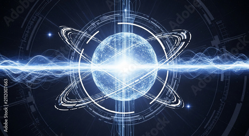 Futuristic Digital Sphere with Glowing Energy Rings and Data Waves