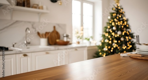 Empty wooden kitchen counter with a blurred christmas tree in the background, perfect for product display or holiday food photography