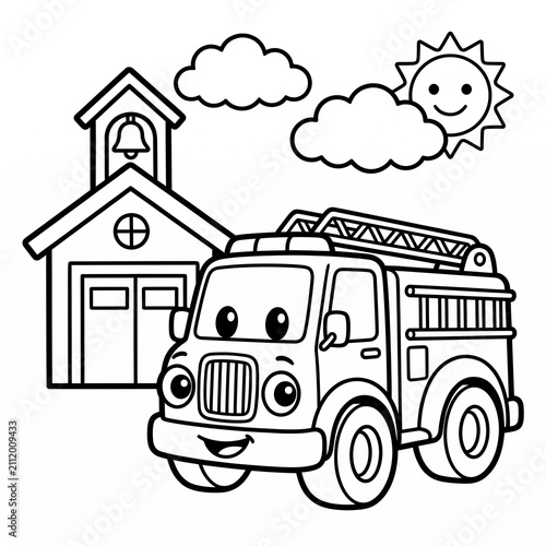 Foto Cute Fire Truck Coloring Page with Fire Station for Kids Printable Activity