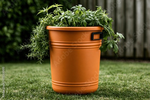 Overgrown waste bin filled with vibrant green plants in garden