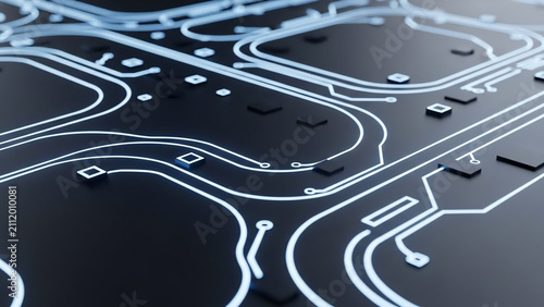 Futuristic Electronic Circuit Board with Glowing Data Pathways