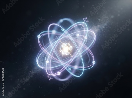 A glowing scientific model of an atom structure with orbiting particles floats in deep space against a dark background field.