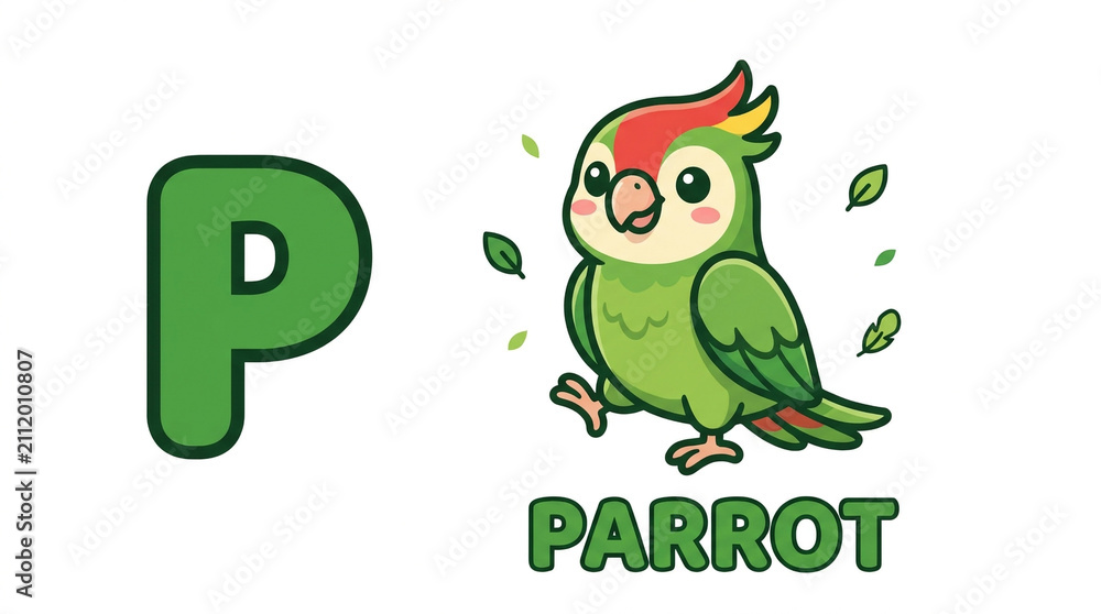 Obraz premium Green Letter P Parrot Alphabet Illustration for Kids Education