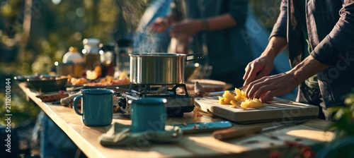 Outdoor cooking scene with pot on stove, chopping vegetables, and camping gear on wooden table
