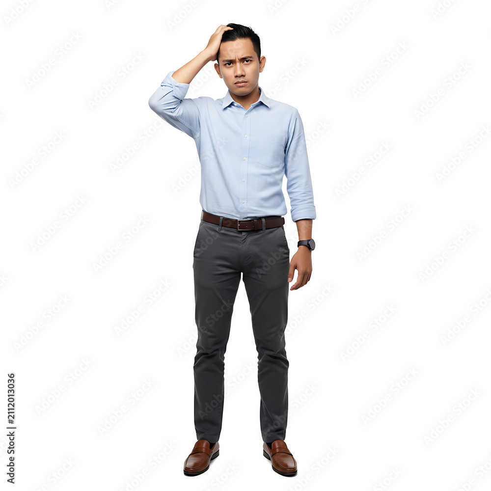 Fototapeta premium Confused Young Indonesian Office Worker Scratching Head While Looking at Camera Isolated on White Background