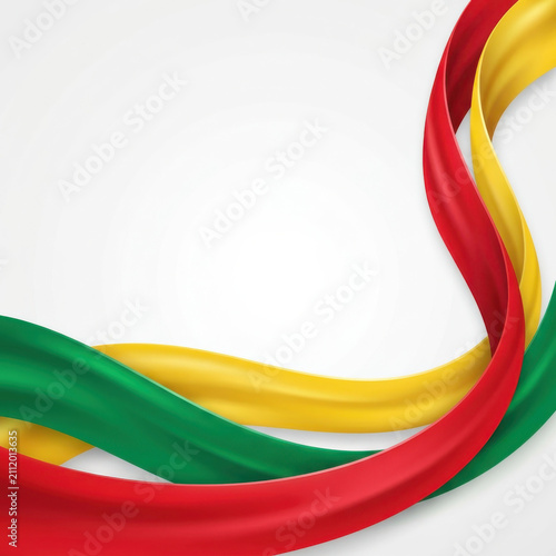Abstract flowing ribbons in Benin national colors of green, yellow and red forming an elegant Independence Day background with dynamic curves, copy space, patriotism, unity and celebration
