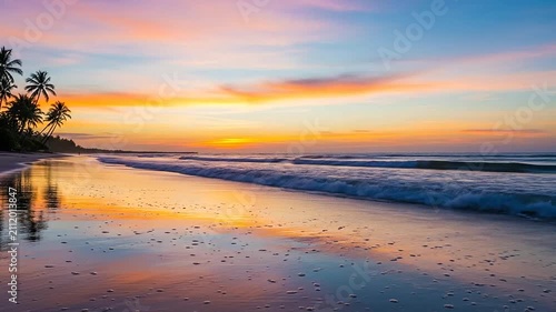 A vibrant sunset glows over a calm tropical beach with palm trees
