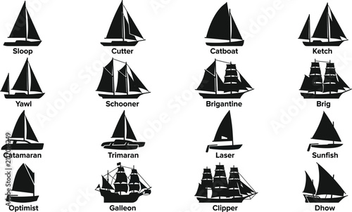 Fotografie Sloop cutter and other sailboat silhouettes on a white background