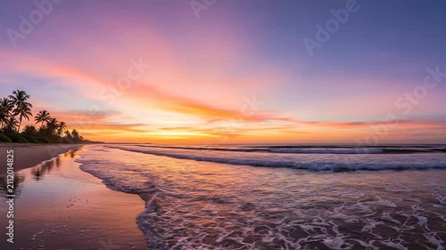A serene tropical beach landscape during a vibrant golden sunset