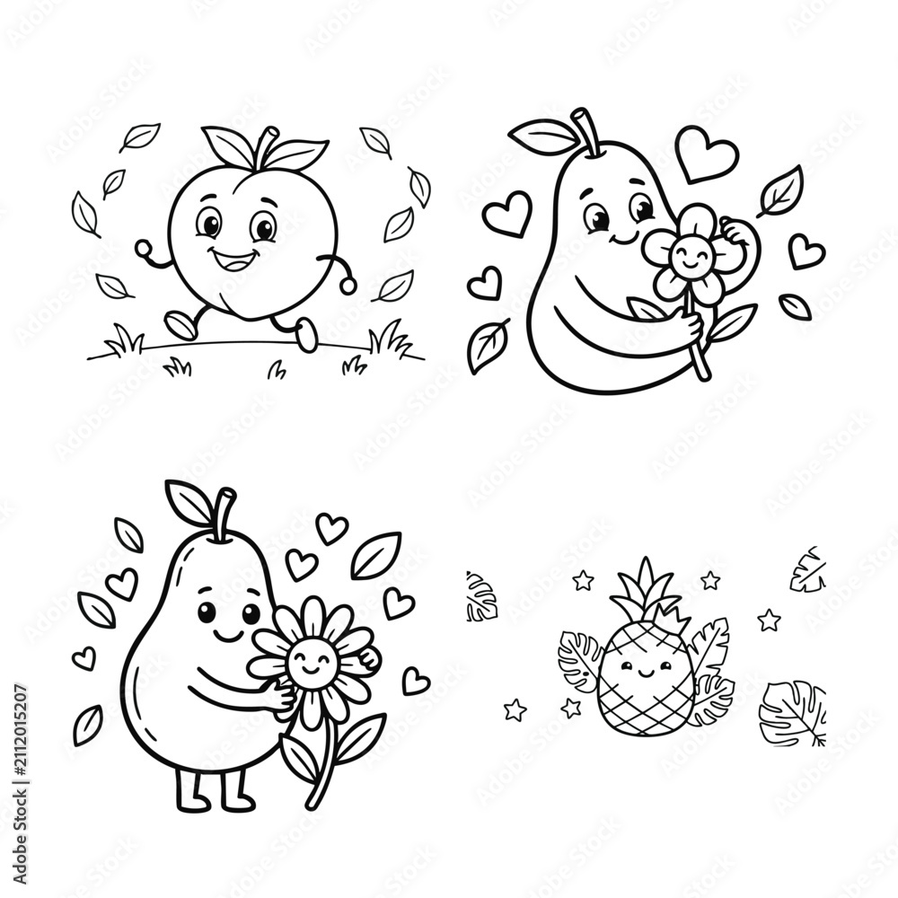 Fototapeta premium Cute Peach Mango Pear and Pineapple Coloring Page Set