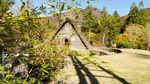 Bamboo Leaves in Front of Traditional Japanese House in Shirakawa-go