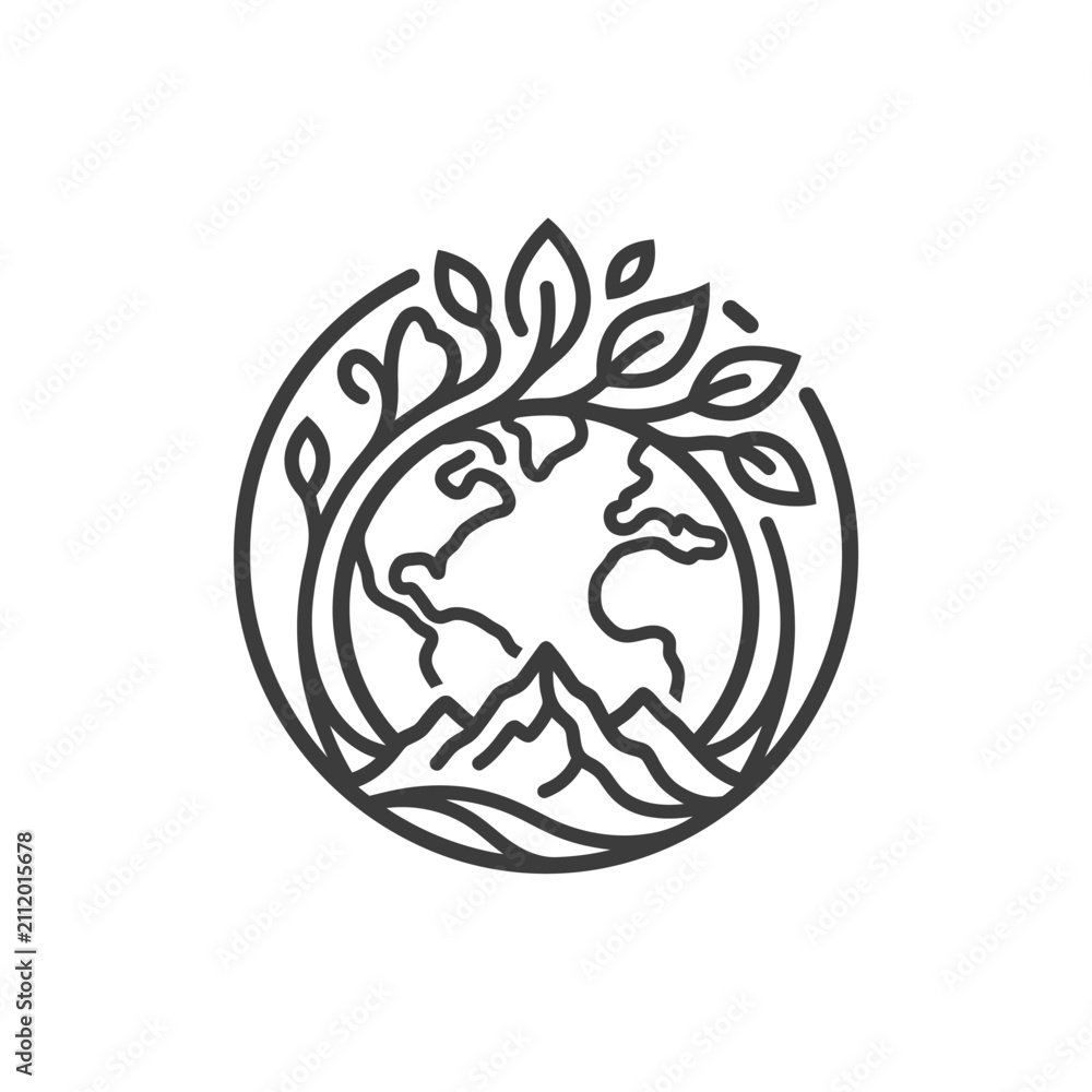 Fototapeta premium Black line art eco globe tree and mountains