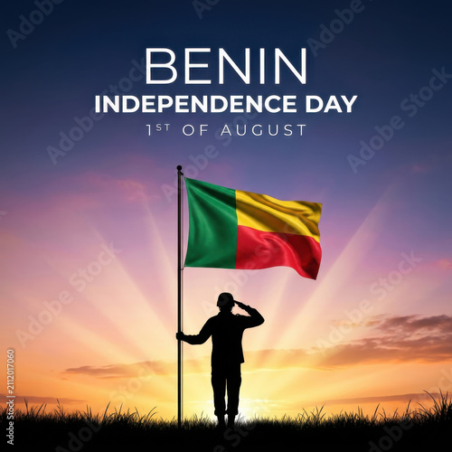 Benin Independence Day celebration with a silhouette saluting beneath the waving national flag at sunrise, symbolizing patriotism, freedom, national unity, resilience, honour and pride concept