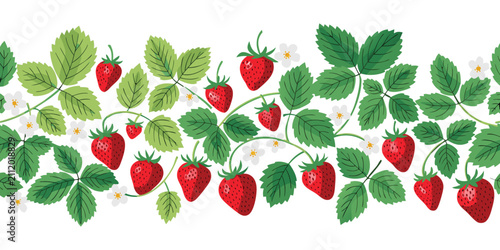 Obraz na płótnie Hand drawn strawberry seamless pattern vector with wild red berries and green foliage isolated on white background