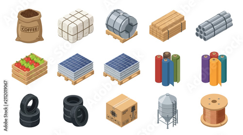 Raw materials for industry and cargo items for manufacturing are shown in an isometric collection.