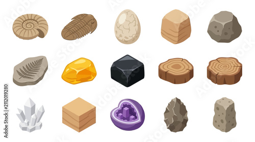 Geological specimens collection showcases diverse fossils, crystals, and raw natural minerals for scientific study and educational earth science displays.