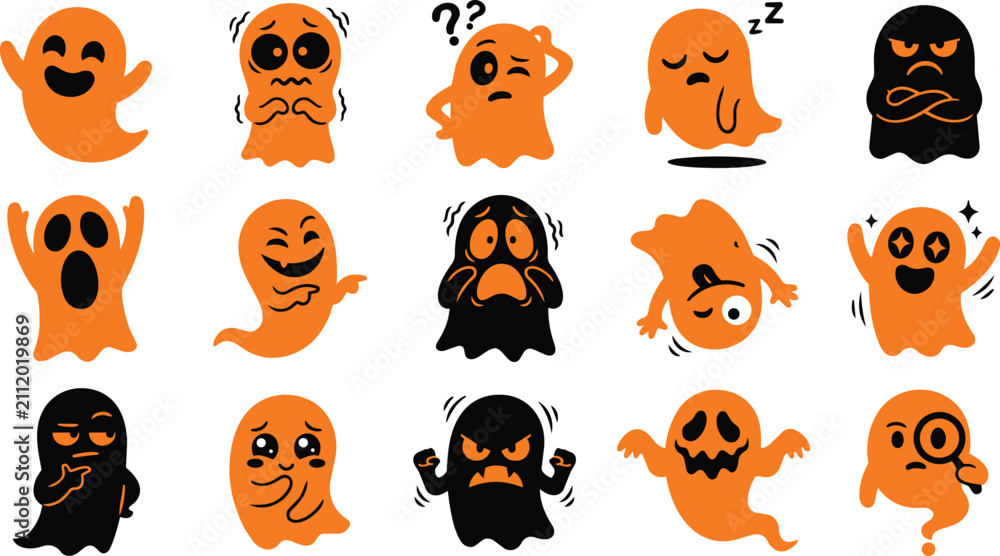 Fototapeta premium Set of cute orange and black ghost stickers with various funny expressions for a fun halloween celebration design