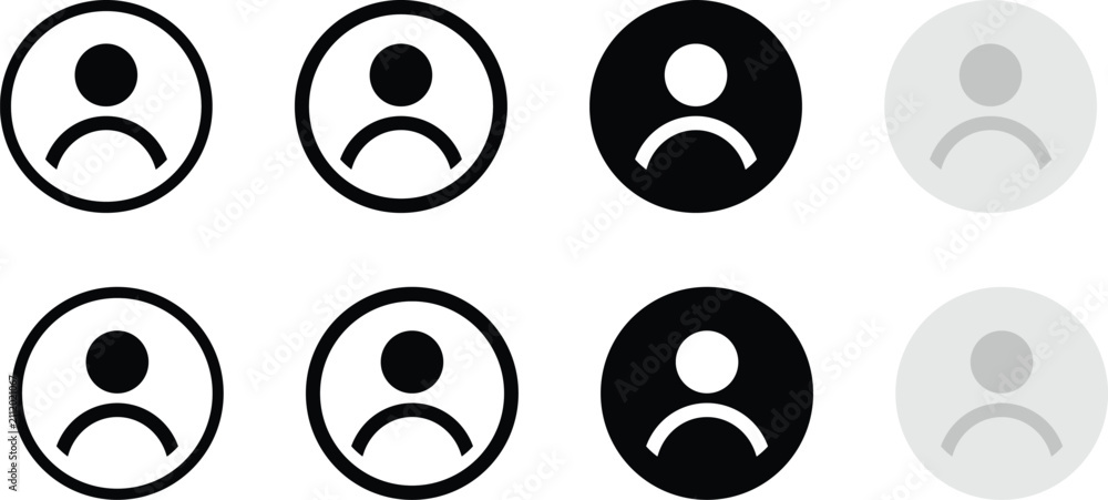 Fototapeta premium User profile icon set in outline solid and grayscale styles on a white background for identity representation account avatar circular graphic