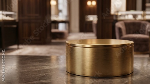 A brushed gold circular display stand sits on a dark marble surface in a luxury boutique with a warm, elegant, blurred interior background.