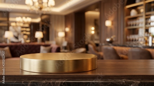 A close-up of a brushed gold podium on a dark wooden table, set against a blurred backdrop of a sophisticated, warm-toned luxury hotel lounge or bar.