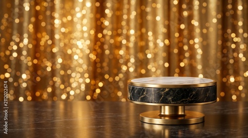 Elegant marble and gold circular pedestal stand on a dark surface against a shimmering golden bokeh background, perfect for luxury product displays.