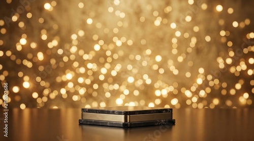 A luxurious tiered podium with gold and marble details stands before a shimmering background of golden bokeh lights.