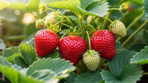 Fresh red strawberries growing on a green plant in a garden