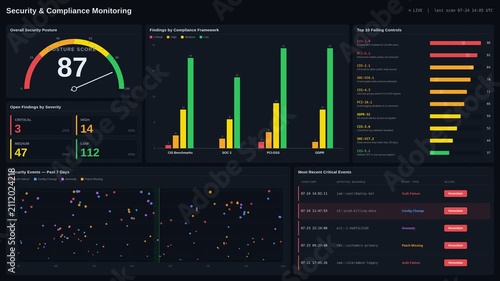 Dark mode cybersecurity dashboard showing real-time compliance monitoring with risk severity gauges and multi-framework analysis. professional stock footage for technology, business, and editorial use
