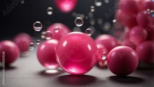 Pink spheres and bubbles floating above a dark surface, creating a visually striking composition with reflections and highlights in a studio setting