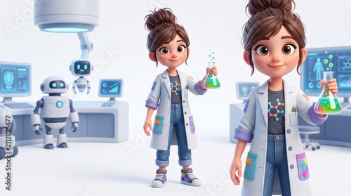 Cartoon character of female scientist in futuristic laboratory, holding a measuring flask filled with clear liquid with small colorful particles, accompanied by a robot and a monitor screen.