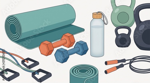 A variety of home workout equipment: a teal yoga mat, orange & blue dumbbells, kettlebells (grey, green, black), a black-orange jump rope, a resistance band with handles, and a glass water bottle with