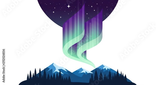 Aurora borealis over mountain landscape scene.