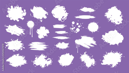 A collection of white ink splatters, paint drips, brush strokes, and grunge blot silhouettes isolated on a purple background.